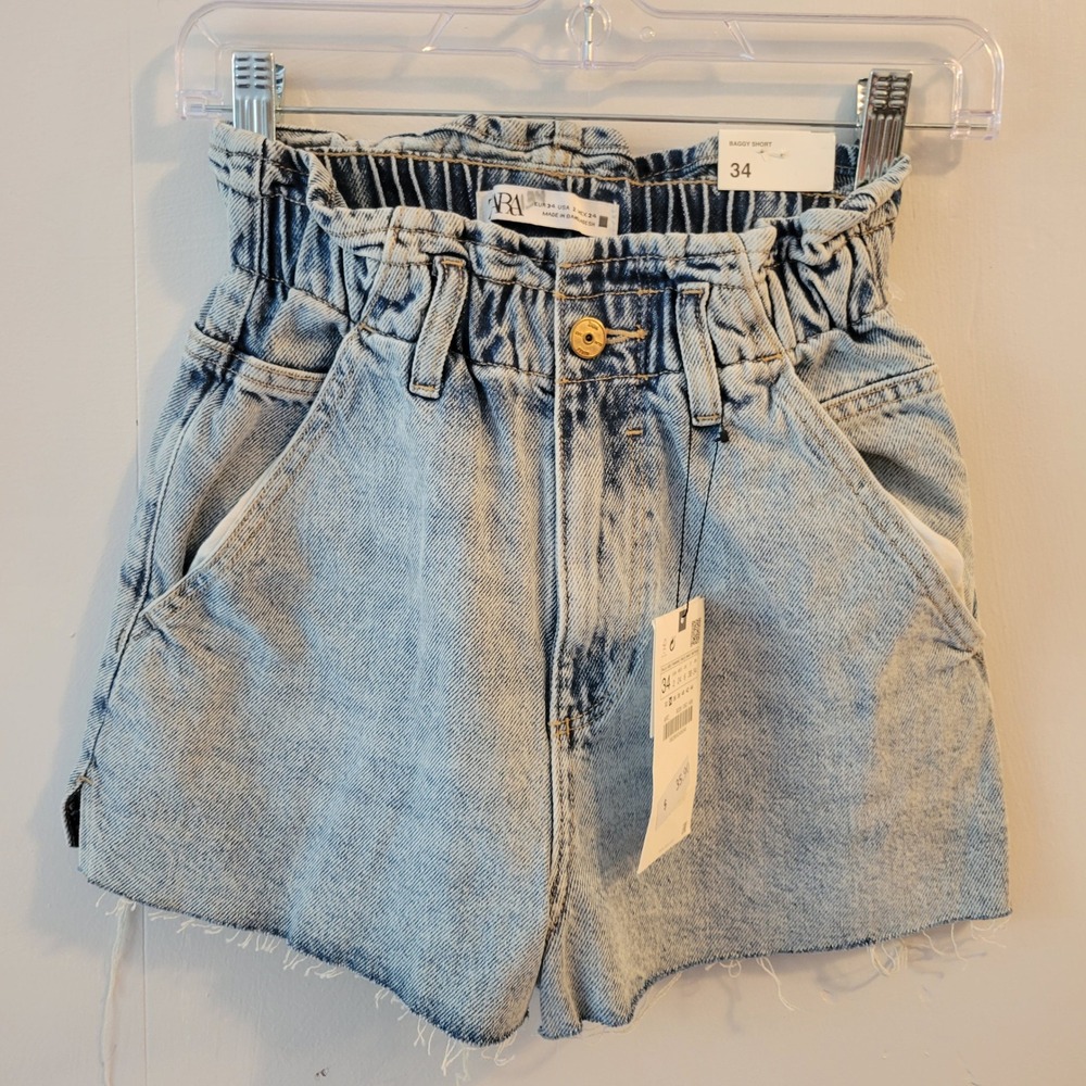 Zara Baggy Shorts Womens Size 2 Light Blue High Rise Rigid Denim Paperbag Waist